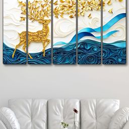 Livin'luxe White & Blue 5 Piece Deer Printed Canvas Wall Paintings-image-54