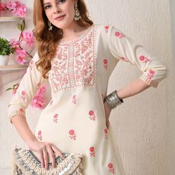 BKApparels Women Floral Printed Yoke Embroidered Cotton Kurta-image-70