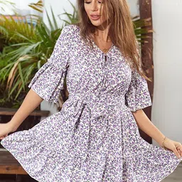 StyleCast Women Floral Printed Keyhole Neck Bell Sleeve Fit and Flare Mini Dress-image-38