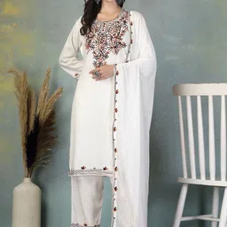 Clora Creation Floral Yoke Design Aari Work Straight Kurta With Palazzos & Dupatta-picture-8