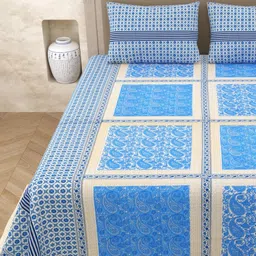 Varde White & Blue Ethnic Motifs 210 TC Queen Bedsheet with 2 Pillow Covers-picture-18