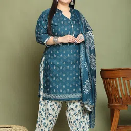 Rajnandini Plus Size Mandarin Collar Geometric Printed Kurta with Salwar & Dupatta image 5