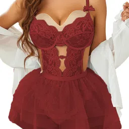 KRENOZ Women Self Design Net Baby Doll-image-101