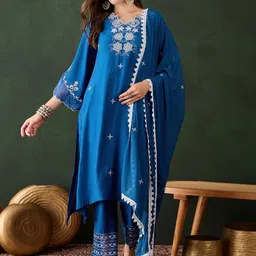 Sangria Blue Floral Embroidered V-Neck Pure Cotton Straight Kurta With Trousers & Dupatta-37