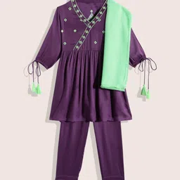 HERE&NOW Girls Embroidered Regular Thread Work Kurta with Palazzos & With Dupatta-picture-5