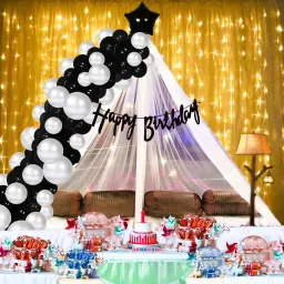 Printed Happy Birthday Decoration Items - Cursive Banner, Net, Rice Light, Glue Dots, 47 Balloon-picture-1