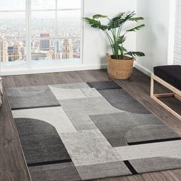 OBSESSIONS Grey Geometric Anti-Skid Polypropylene Carpet-2