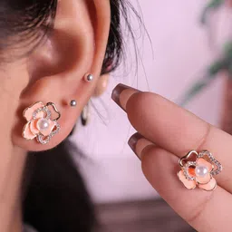 VAGHBHATT Gold-Plated Pearls Studded Floral Shaped Studs image 5