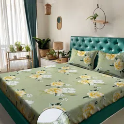 KLOTTHE Green Floral Printed 300 TC Double King Bedsheet Set 2.5 m x 2.25 m-42