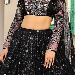 ODETTE Embroidered Thread Work Semi-Stitched Lehenga & Unstitched Blouse With Dupatta image 2