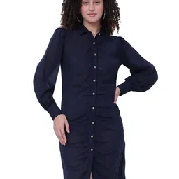 God's Club Women Self Design Shirt Collar Gathered or Pleated Cuffed Sleeves Shirt Dress-picture-6