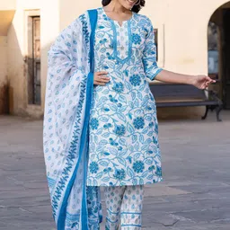 KALINI Floral Printed Straight Pure Cotton Kurta With Trousers & Dupatta-49