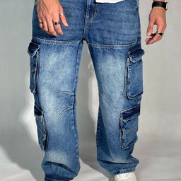 Off Duty India Men Blue Surge Wide Leg Cargo Jeans-image-57