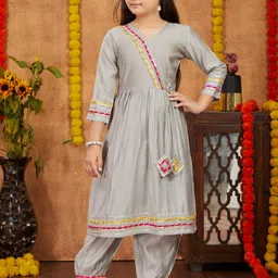Muhuratam Girls Grey Pure Silk Kurta Sets-image-59