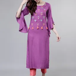 Vishudh Purple Embriodered Round Neck Bell Sleeves Straight Thread Work Kurta-image-20