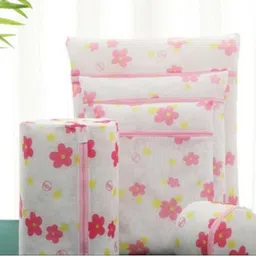 HomeCloud 5-Pcs White & Pink Printed Mesh Laundry Clothes Washing Bag With Zip Lock-0
