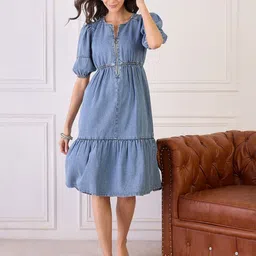 Orchid Blues Women Gathered or Pleated Denim Fit And Flare Dress-image-25