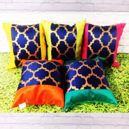 Pink Parrot Blue & Yellow 5 Pieces Printed Zari Jacquard Silk Square Cushion Covers-image-54