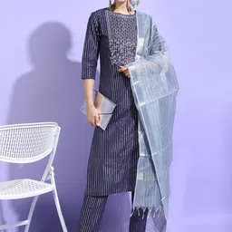 Vishudh Women Striped Regular Pure Cotton Kurta with Palazzos & With Dupatta-picture-3