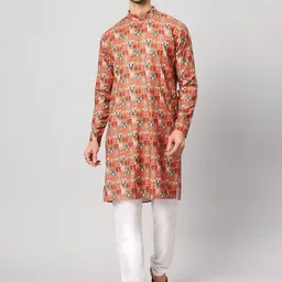 GLOBALRANG Ethnic Motifs Printed Band Collar Pure Cotton Straight Kurta With Pyjamas-image-26