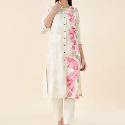 RANGMANCH BY PANTALOONS Floral Printed Round Neck Cotton Linen Straight Kurta-picture-56
