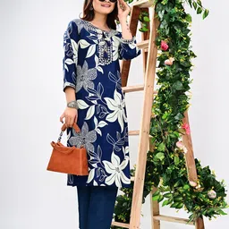 VASUPRADA Women Floral Printed Regular Sequinned Pure Cotton Kurta with Trousers-6