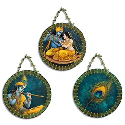 SEHAZ ARTWORKS New circle Teal & Yellow 3 Pieces Printed Wooden Wall Hanging Decor-image-85