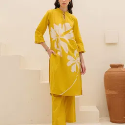 JISORA Women's Yellow Printed Cotton Top With Trousers Co-Ords-picture-35