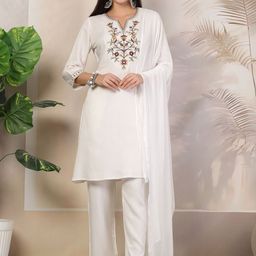 Nayam By Lakshita Floral Yoke Design Sequinned A-Line Kurta with Trousers & Dupatta-1