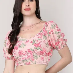 SAKURA Floral Print Puff Sleeve Liva Blouson Crop Top-picture-23