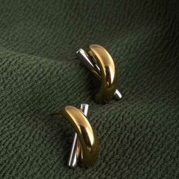 PALMONAS18KT Gold Plated Stainless Steel Contemporary Bi-metal Studs Earrings-image-84