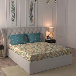 MYTRIDENT Dusk and Dawn Yellow & Blue Floral Cotton Queen Bedsheet with 2 Pillow Covers-image-90