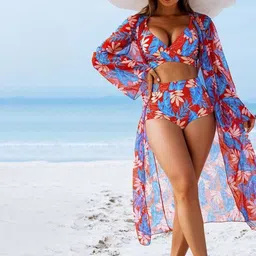 Plus Curvves Printed 3-Piece Swimwear Cover Up Set-image-94