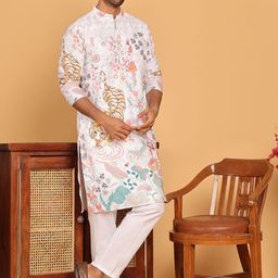 Anouk White Floral Printed Mandarin Collar Sequinned Kurta With Pyjamas-image-22