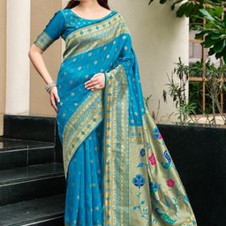 KALINI Floral Woven Design Zari Paithani Saree With Unstitched Blouse Piece-image-64