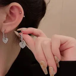 Estailo fashion Silver Plated Cubic Zirconia Studded Heart Shaped Drop Earrings-12