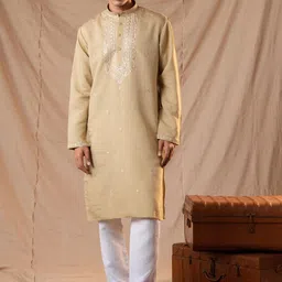 5 Stitch Ethnic Motifs Embroidered Sequinned Band Collar Straight Kurta With Pyjamas-52