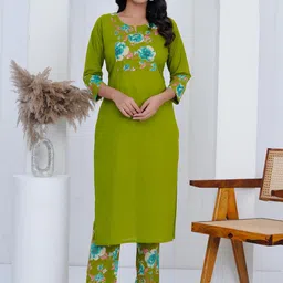 SIGNORIA Women Floral Printed Regular Sequinned Pure Cotton Kurta with Trousers-3