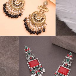 Anouk Set Of 2 Silver-Plated Artificial Stones and Beaded Geometric Shaped Drop Earrings image 3