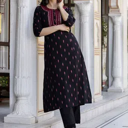 Pistaa Geometric Printed Mirror Work Round Neck Cotton Straight Kurta with Palazzos-21