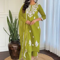 KALINI Floral Embroidered Chikankari Pure Cotton Straight Kurta With Trousers & Dupatta-picture-26