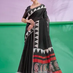 Sangria Ethnic Motifs Printed Cotton Linen Saree With Unstitched Blouse-image-100