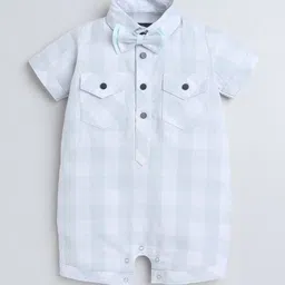 Polka Tots Unisex Kids Green Half Sleeve Checks Print Shirt Romper With Bow-image-53
