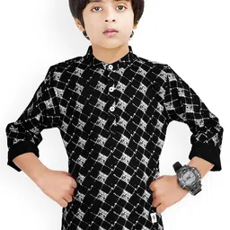 MADE IN THE SHADE Boys Geometric Printed Band Collar Pue Cotton Straight Kurtas-picture-52