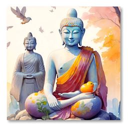 SAF Blue & Orange Buddha Canvas Religious Wall Painting-image-93
