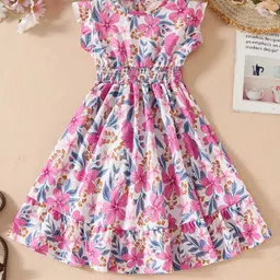 Kidotsav Girls Floral Printed Flutter Sleeve Smocked Fit & Flare Midi Dress-picture-10