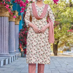 Moda Rapido Beige Floral Printed Straight Kurta with Trousers & Dupatta-image-19