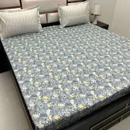 Pure Decor Blue & Yellow Floral 220 TC King Bedsheet with 2 Pillow Covers-image-92