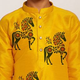 DEVOILER Boys Conversational Printed Mandarin Collar Dupion Silk Straight Kurta image 2