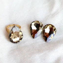 BeAbhika Gold-Toned Teardrop Glass Crystal Jewelry Studs Earrings & Adjustable Ring-55